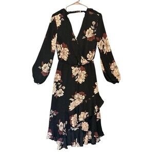 BAdgley Mischka Silky Floral Bell Sleeve Peplum V Neck Chiffon Dress Womens 2